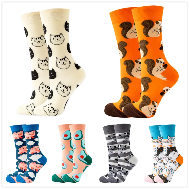 

Spring Autumn 6Pairs Women's Socks Cartoon Cat Fox Rabbit Middle Tube Socks Cute Avocado Men's Socks Cute Tide Food Cotton Socks