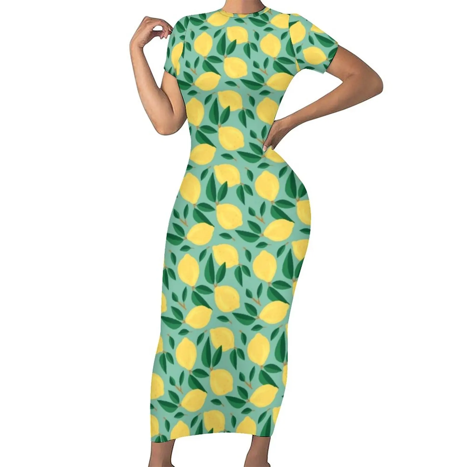 Marley Lemon Dress Short Sleeve Cute Fruit Print Sexy Maxi Dresses Summer Aesthetic Graphic Bodycon Dress Big Size