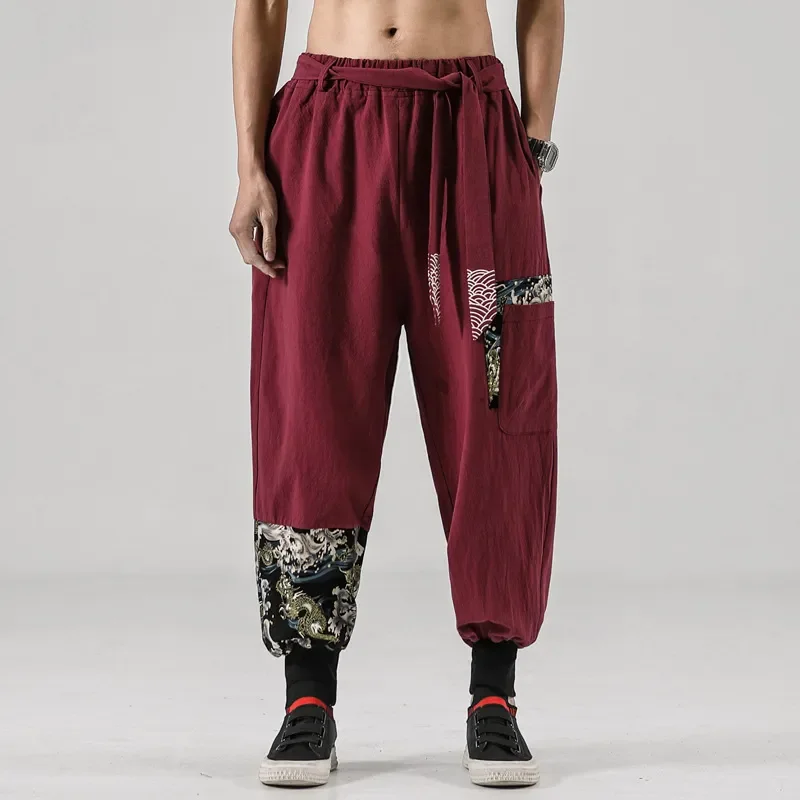 

Japanese kimono Men Cotton Linen Samurai Costume Ukiyo-e Print Belt Retro Harem Pants Haori Baggy Trousers Harajuku Hip Hop