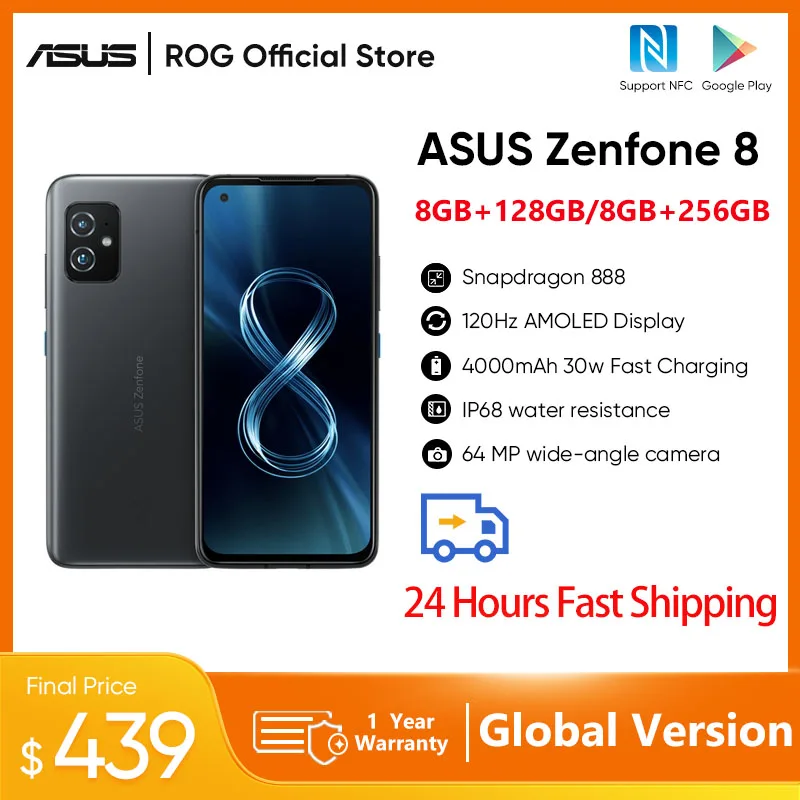 ASUS Zenfone 8 смартфон с восьмиядерным процессором Snapdragon 888, экраном 5,9 дюйма, 120 Гц, AMOLED-дисплеем, водонепроницаемостью IP68, NFC