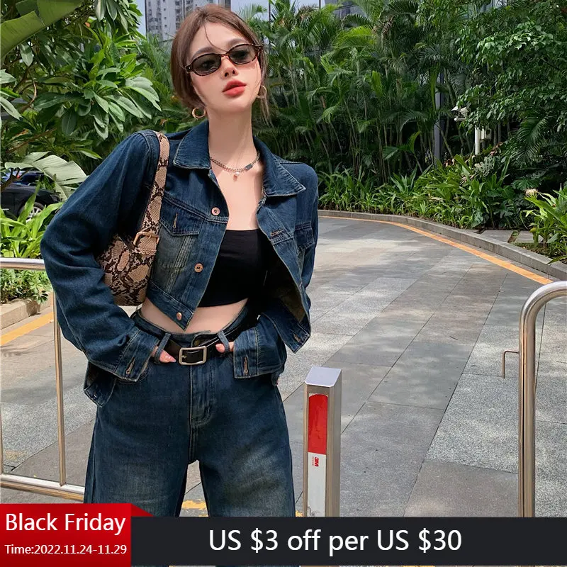 

Женская джинсовая куртка и прямые джинсы, голубая короткая джинсовая куртка в американском ретро-стиле с лацканами на пуговицах, в стиле пэ...