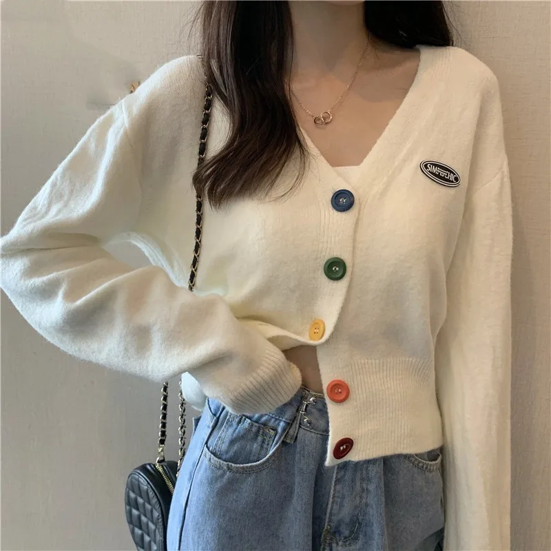 

2023 Women's Autumn Knitted Cardigan Korean Fashion Cardigan Jacket Colorful Buttoned Loose Sweater Student Cute Fall Wear Y2k