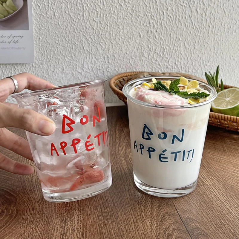

New 320ml Korean Letter Glass Cup Bubble Tea Iced Coffee Milk Beer Drinking Glasses Clear Vintage Water Juice Cup Mug Drinkware