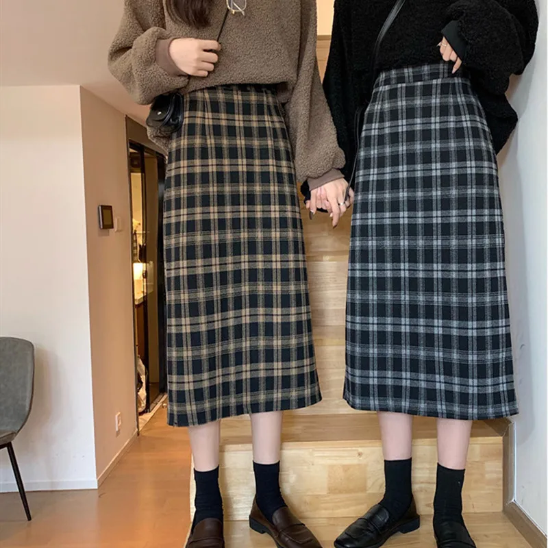 

Office Ladies Plaid Skirts 2022 Spring Autumn Woolen Cloth Mid-calf Length Skirts Women High Waist All-match Skirt Clothing
