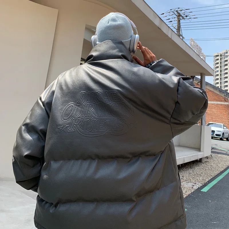 PU Leather Parkas Mens Hip Hop Streetwear Harajuku Solid Stand Collar Warm Thickened Puffer Jacket Bubble Coat with Pockets