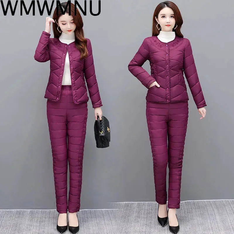 Women 5Xl 4xl Casual Fleece Jacket And Plus Velvet Pencil Pants Two Piece Set Snow Wear Winter Thickened Warm Cotton Padded Suit