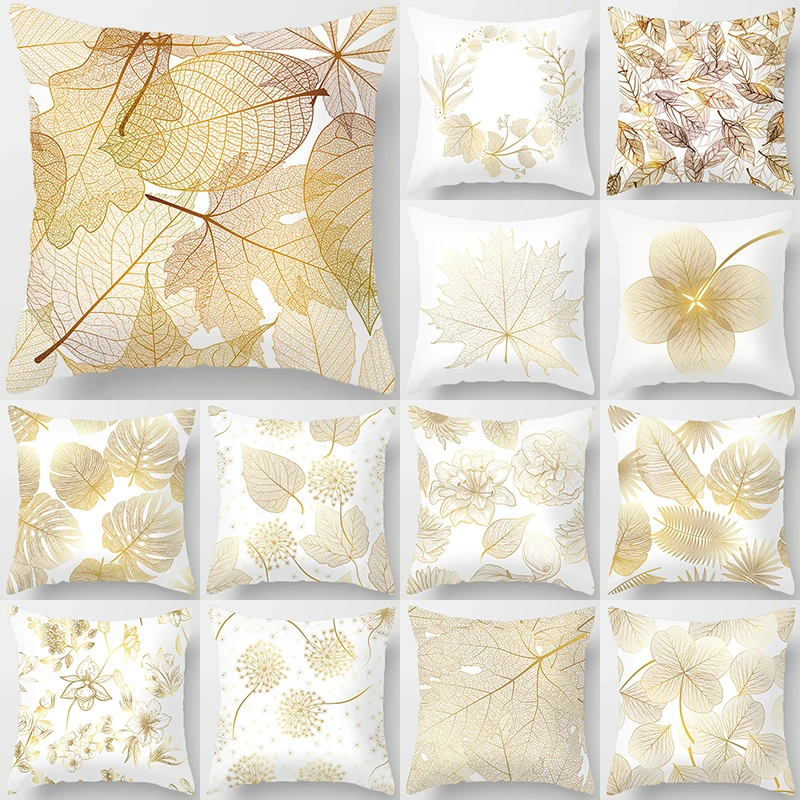 

1Pcs 45*45cm Golden Leaf Pattern Cushion Cover Soft Polyester Pillowcase For Bedroom Car Home Decoration Pillowcase