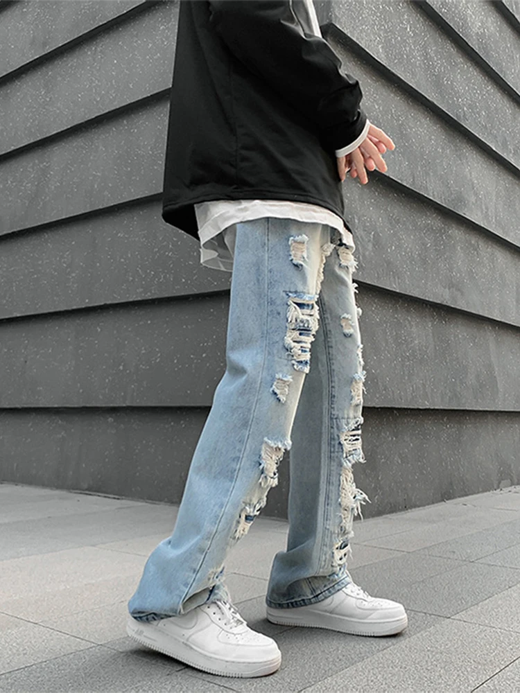 European and American Style Men's Ripped Jeans Trendy Design Straight Leg Y2K Denim Pants Hip Hop Trousers Men Pants Baggy Jeans
