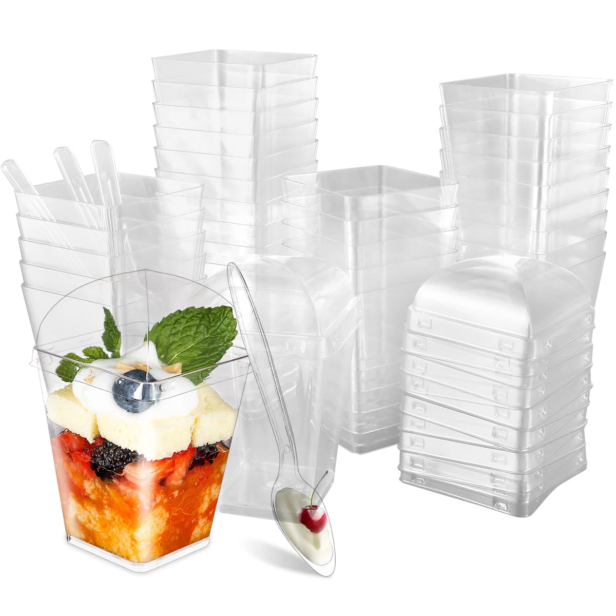 

NEW 30Pcs Dessert Cups with Spoons 5oz/150ml Clear Square Appetizer Cups Mini Reusable Plastic Dessert Pots Set Stackable