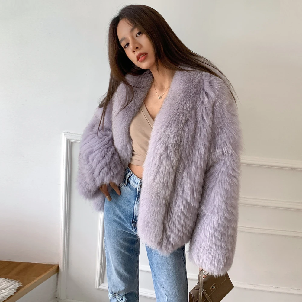 Light Purple Natural Fox Fur Jacket V-neck Winter Fashion Woman Genuine Leather Fox Fur Coat Casual Women's Real Fur Overcoat