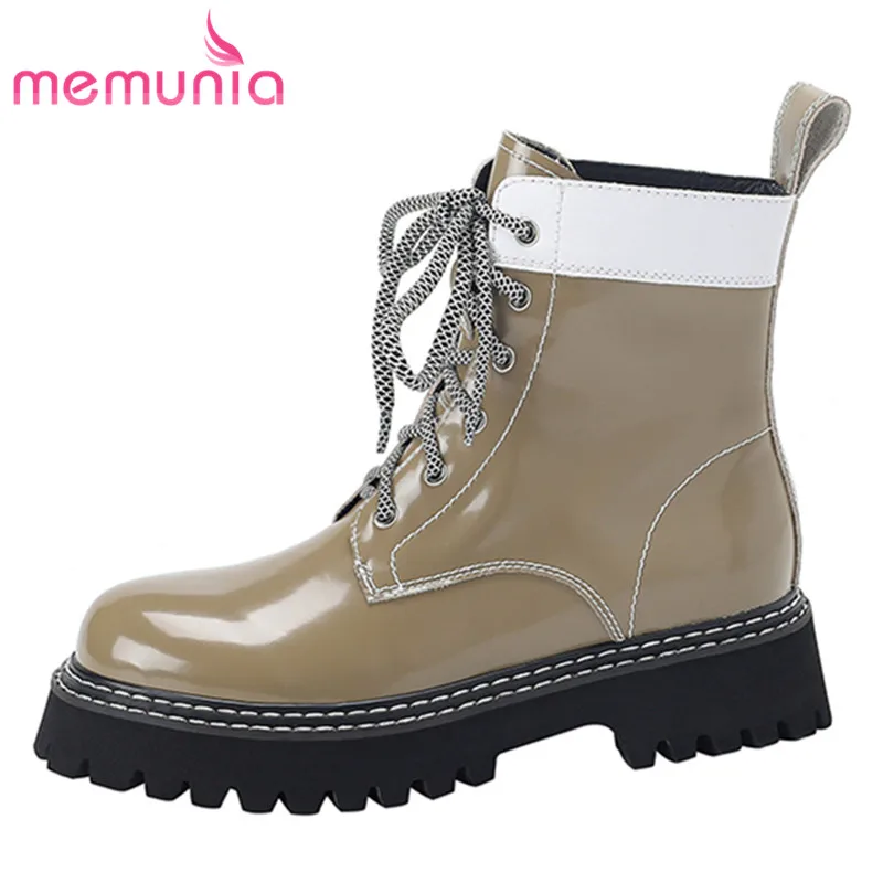 

MEMUNIA 2023 New Lace Up Platform Genuine Leather Women Boots Ladies Thick Med Heels Shoes Mixed Colors Winter Ankle Boots
