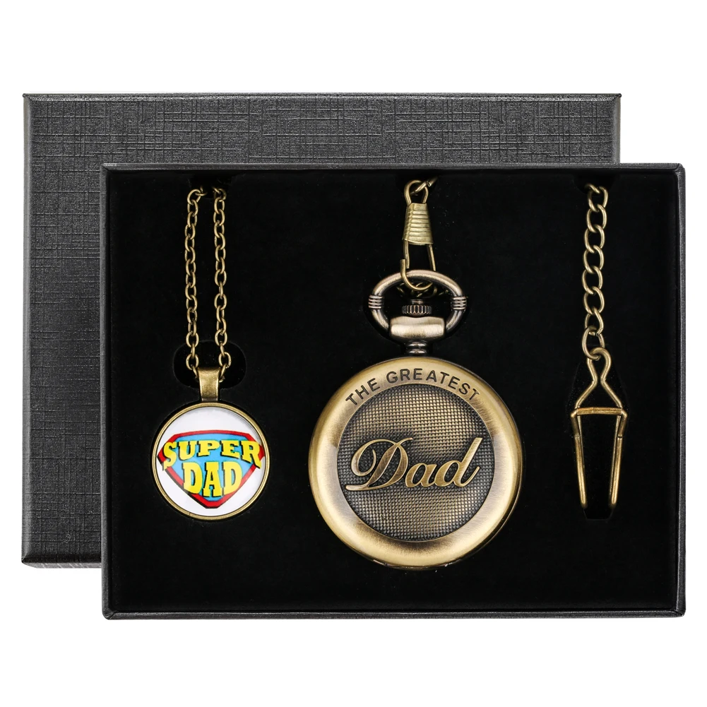 Practical Father's Day Gifts Exquisite Bronze Quartz Pocket Watch Set Gift Box Pendant Super Dad Necklace Waist Chain Clock Gift