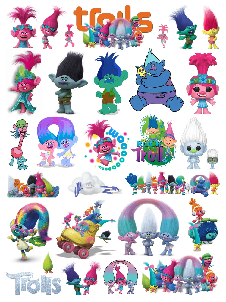 

Disney cartoon film Trolls Iron on patches Clip Art thermo-stickers for children stripes for jeans Flex fusible transfer