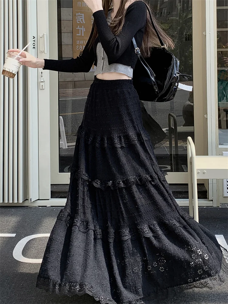 Юбка-миди Женская кружевная трапециевидная Черная