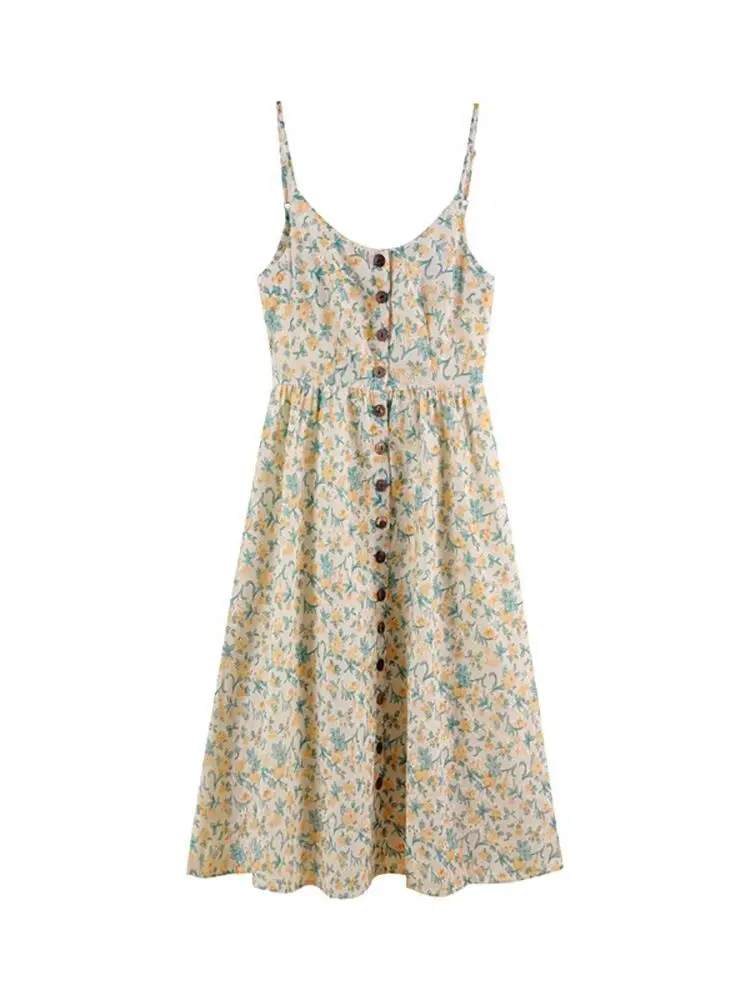 

Женские платья средней длины с цветочным принтом, летняя корейская мода, женское повседневное Сексуальное Милое Платье-трапеция SlingA, Женская шикарная одежда