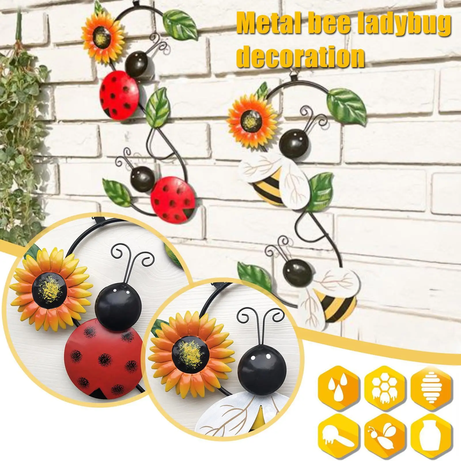 

3D Metal Bee And Ladybug Wall Decor Art Decorative Sculpture With Green Leaf Wall Hanging Decor