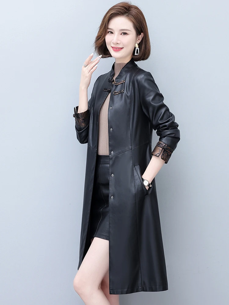 New Women Leather Trench Coat Spring Autumn Casual Fashion Stand Collar Slim Outerwear Split Leather Long Tops Coat Winter