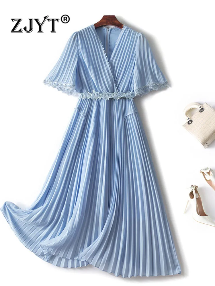 

ZJYT Designer Summer V Neck Midi Pleated Chiffon Dresses for Women 2022 New Short Sleeve Blue Holiday Vestidos Party Robe Femme