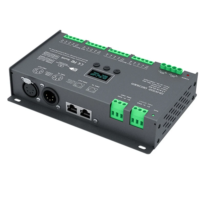 

New Led DMX-PWM Decoder;DC12-24V Input;3A*16CH Max 48A 1152W Output XLR-5/RJ45/Green Terminal Port 16 Channel DMX512 Controller