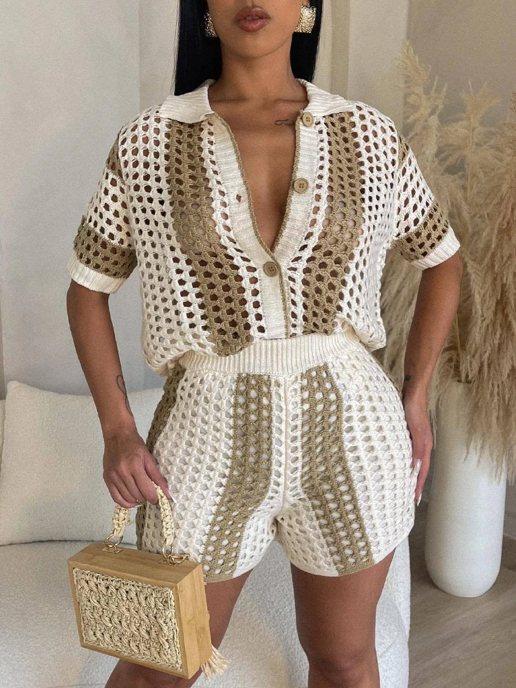 

XIZOU Knitted Two Piece Shorts Set Women Hollow Out Turn Down Collar Cardigan Top + Short Pants Female Beachwear See Through