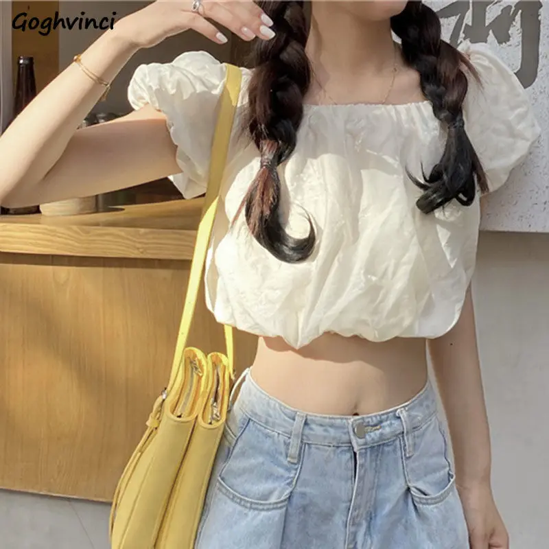 

Cropped Blouses Women Slash Neck Puff Sleeve Sweet Sexy Streetwear Ulzzang Design Summer Girlish Holiday Tender Casual Slim Chic