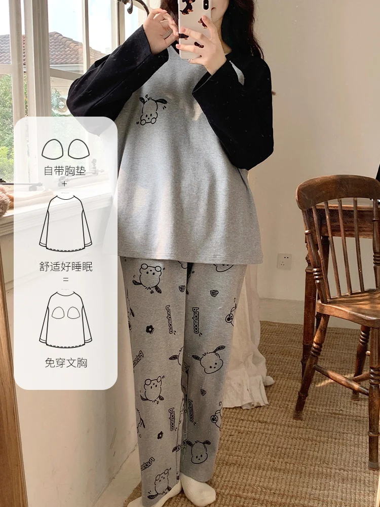 Spring and Autumn With Chest Pad One-Piece Pajamas Women Long sleeve Cartoon Summer Nipple Coverage Homewear Winter Set Outer...