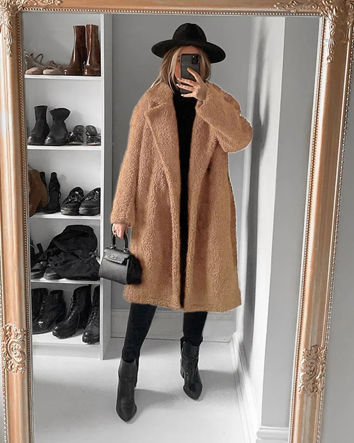 Women's Leather Fur Coat Autumn and Winter Long Faux Fur Coat Women's Warm Plush Top Faux Fur Coat