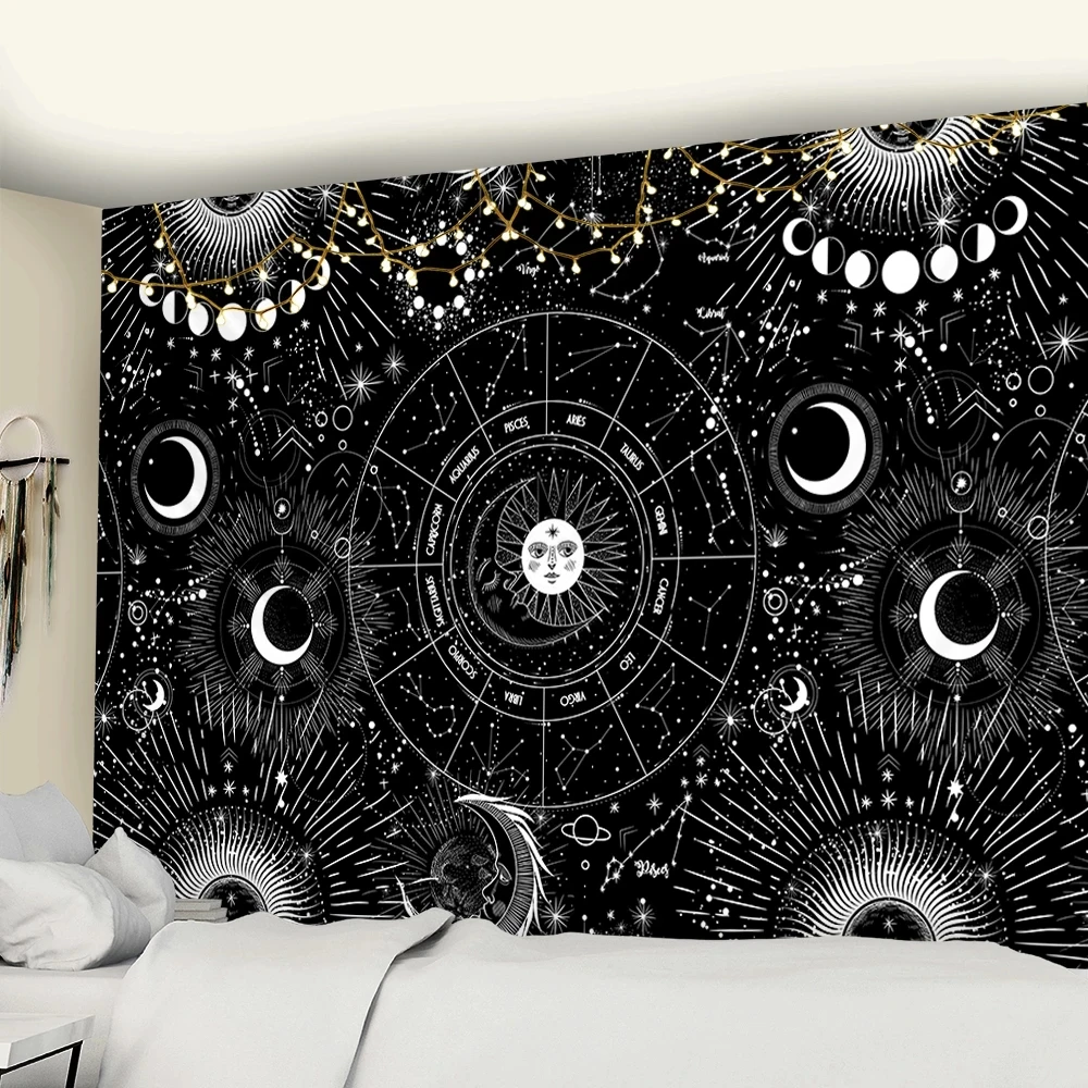 

Sun Moon Mandala Tapestry Wall Hanging Starry Sky White Black Tapestries Gypsy Psychedelic Tapiz Witchcraft Astrology Tapestry