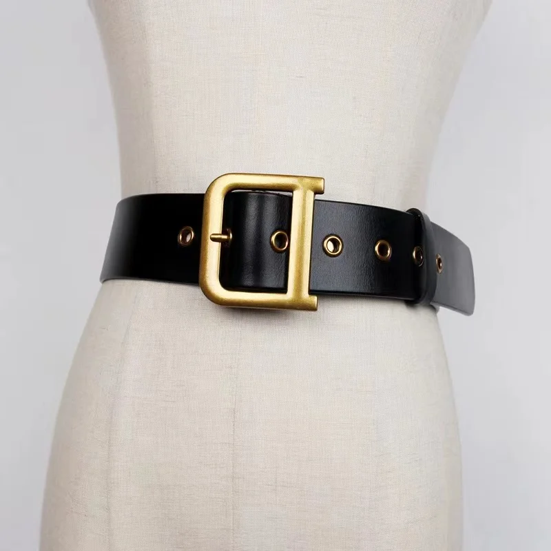 Fashion Women Leather Waist Belt Classic Square Metal Buckle Solid Color Waistband Black Wide Belts