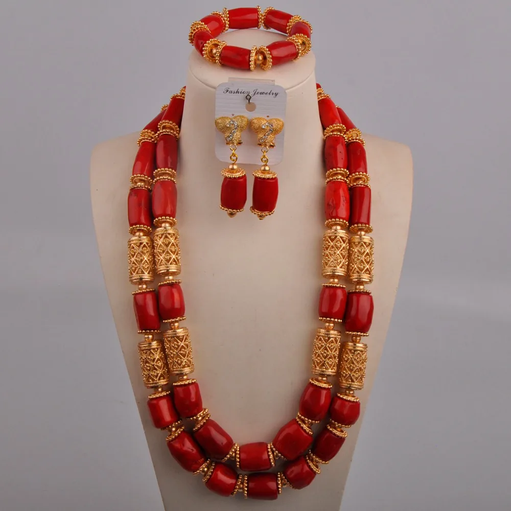 

Red Coral Bridal Set African Wedding Beads Nigerian Necklace Bracelet Earrings