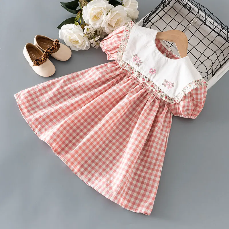 

Summer baby girls clothes kids embroidery fungus edge plaid dress for children girl clothing 1st birthday princess dresses dress