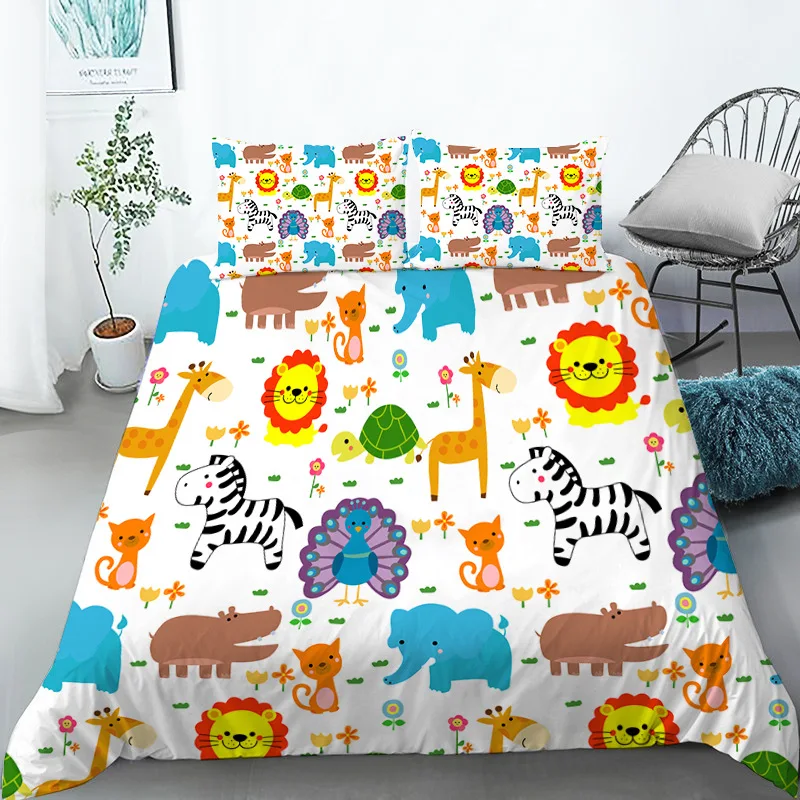 

Cartoon Animals Toddler Bedding Set Twin Size For Kids Girls Boys Room Decor Birds Lions Fish Print Duvet Cover With Pillowcases