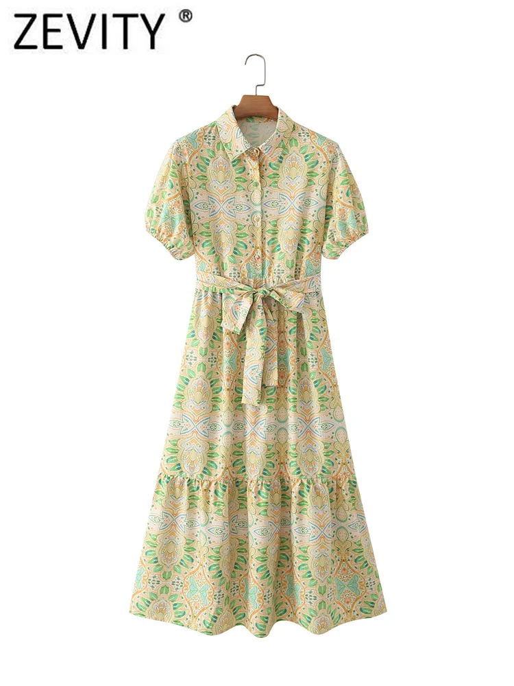 

Женское винтажное платье-рубашка Zevity с цветочным принтом, повседневное тонкое платье-рубашка средней длины, офисное шикарное платье с пышн...