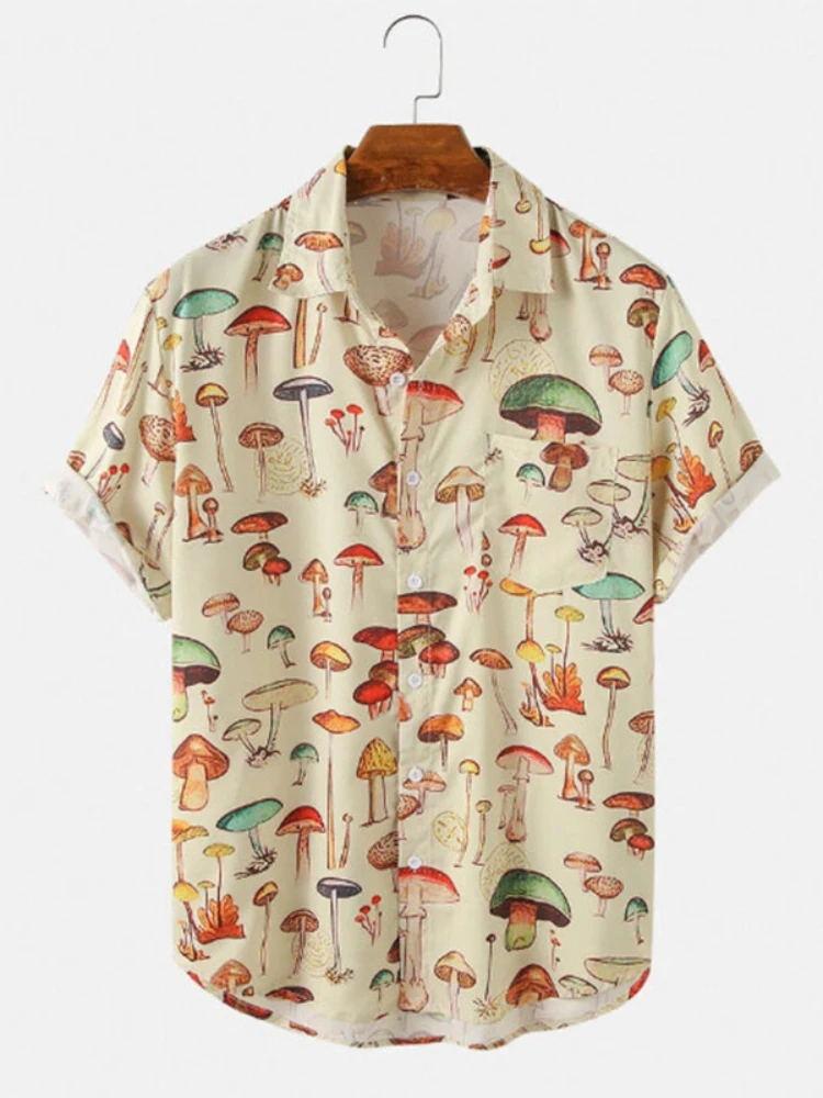 

Street Short Printing Sleeve T-shirt Summer Lapel Men's Shirt, Hawaiian Mushroom Shirt Cartoon Fashion, Fashion Button