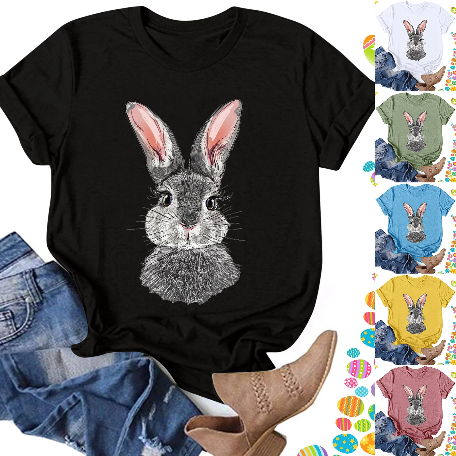 

Blouse For Women Casual Easter Day Printing Shirts Round Neck Short Sleeve Tee Tops Tunic Shirt Womens Mock Neck Tops