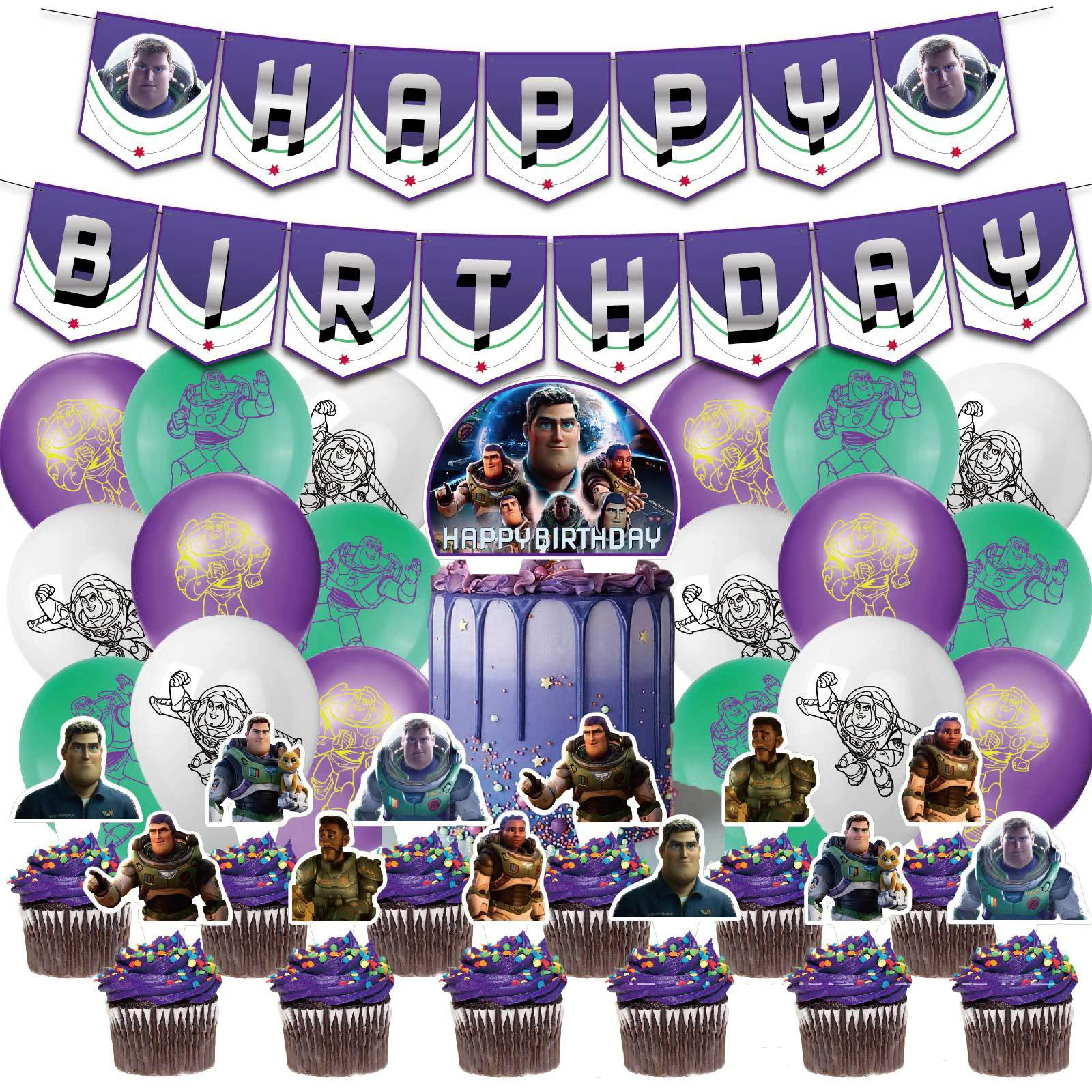 

Disney Buzz Lightyear Birthday Party Supplies Kids Party Banner Balloons Cake Topper Happy Birthday Decoration Set Figure Toys