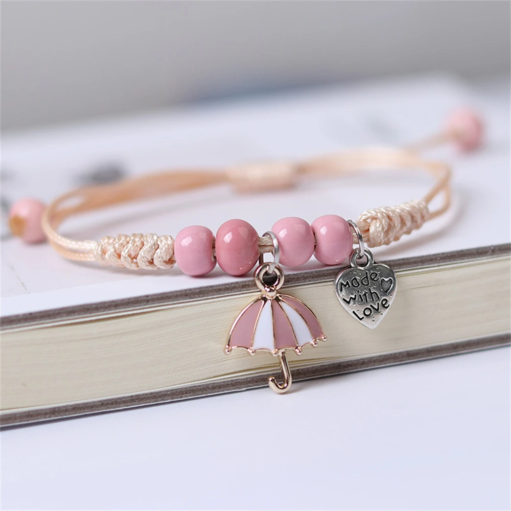 

Cute Umbrella Girl Pendant Couple Bracelet Beads Waxy Thread Rope Bracelet Jewelry For Women Teen Girls Friendship Gift