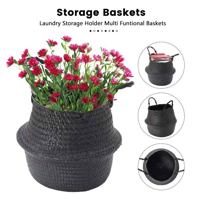 

Black Storage Basket Seagrass Wicker Baskets Garden Flower Pot Container Clothes Laundry Container Toy Holder Home Organizer