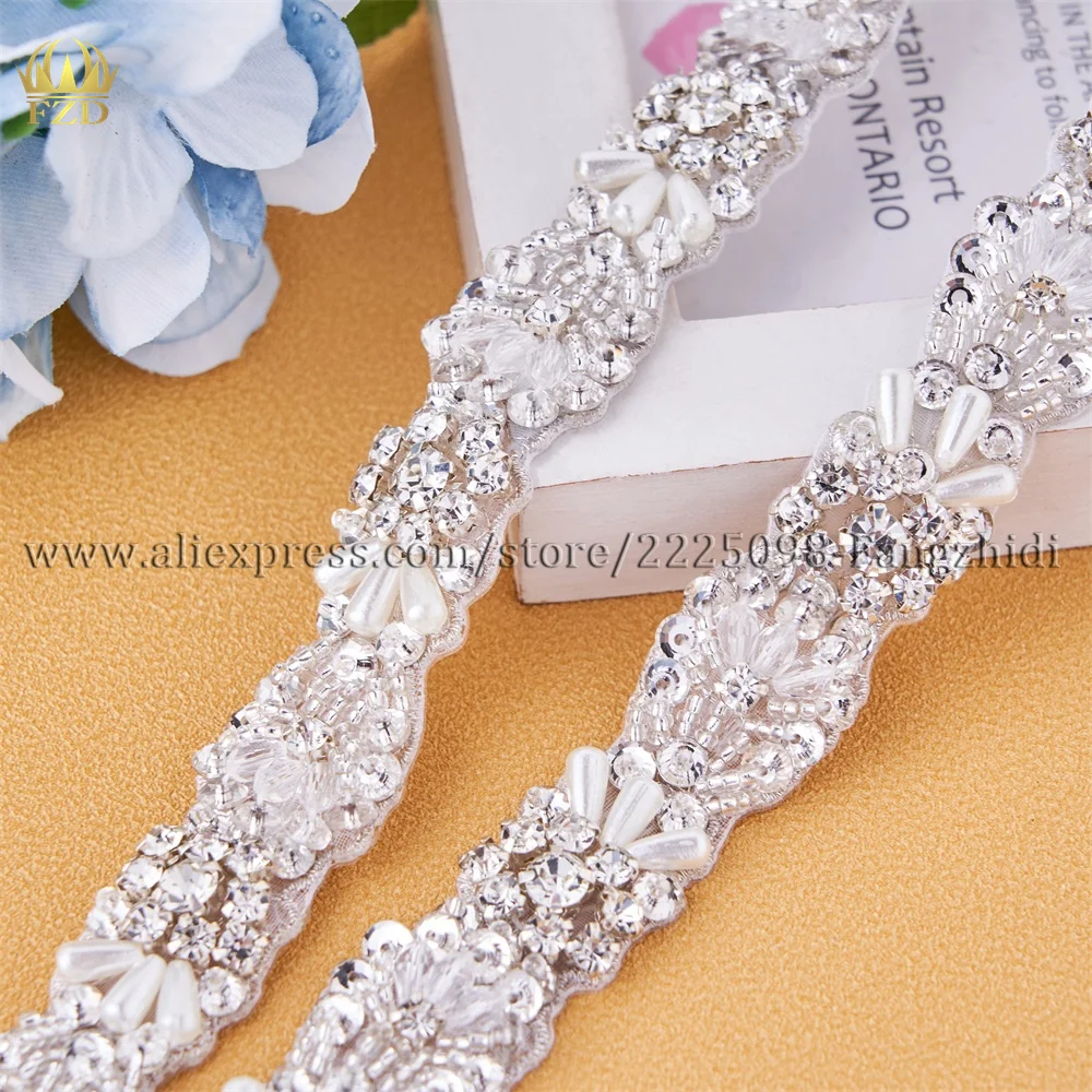 

FZD 1 Yard Silver Crystal Bridal Sash Rhinestones Pearls Wedding Belt Satin Bridal Belt and Sash for Wedding Decoration Sew On