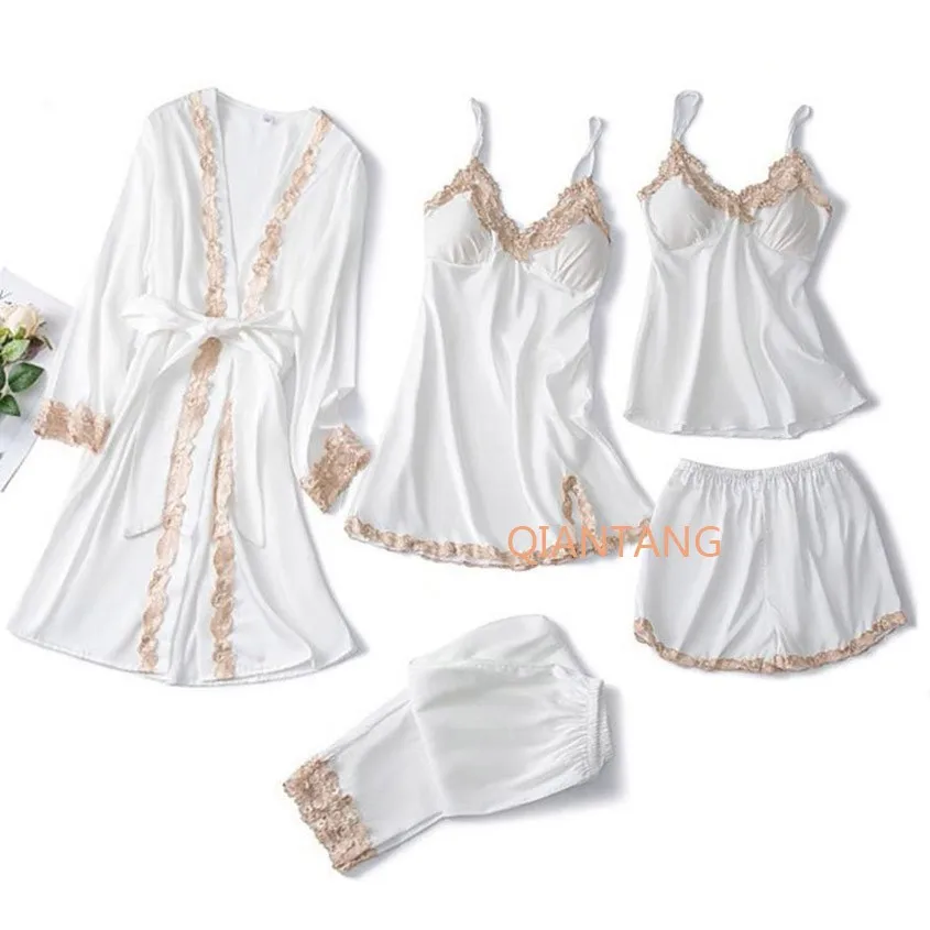 

5pcs V-Neck Nightwear Pajamas Sets Bride Wedding Nightwear Sexy Womens Lace Sleepwear Sleep Suit Spring Casual Satin Pijamas