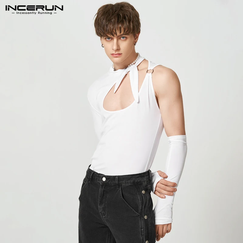 

INCERUN 2023 Мужская рубашка с высоким воротником и длинным рукавом, уличная одежда, асимметричные футболки с вырезами, мужские однотонные повседневные футболки, S-5XL