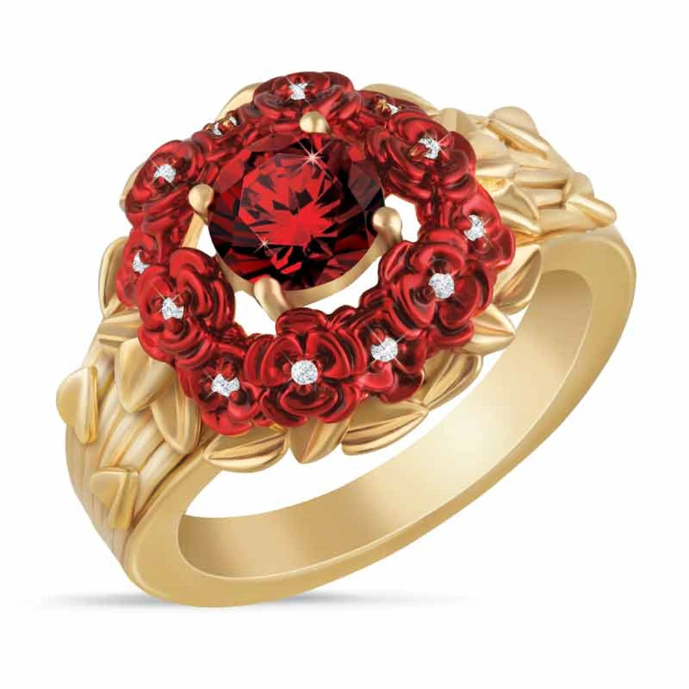 

PTQASP Romantic Women's Red Crystal Rose Flower Rings Charm Ladies Accessories Jewelry Engagement Wedding Rings Valentine's Day