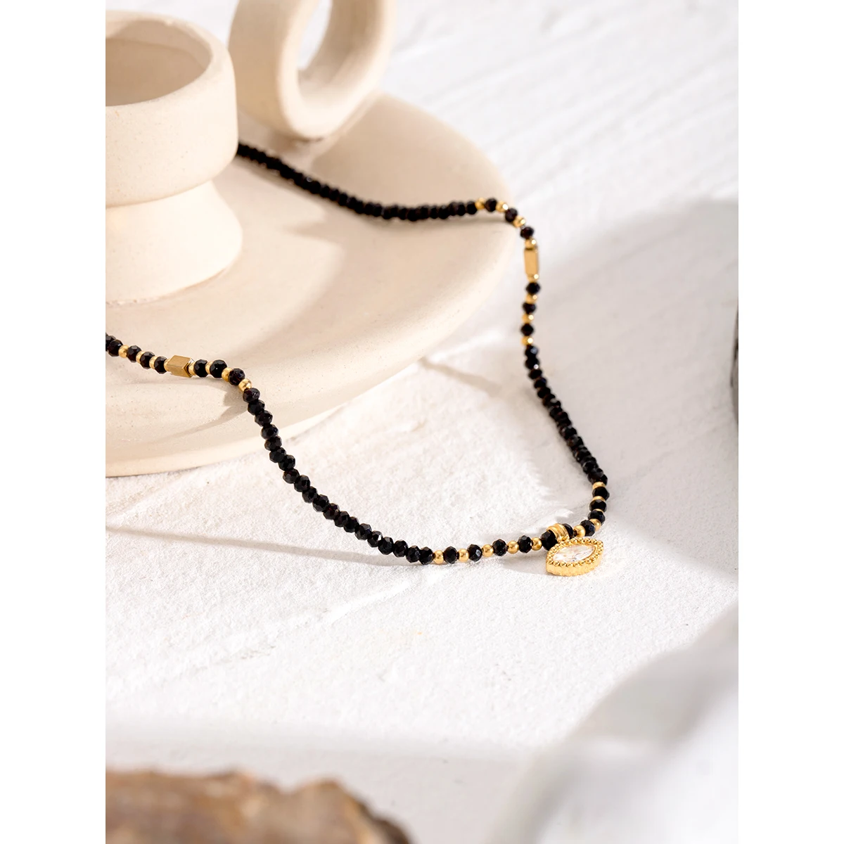 Черный желчный белый конский глаз циркон кулон из бисера ожерелье нержавеющей