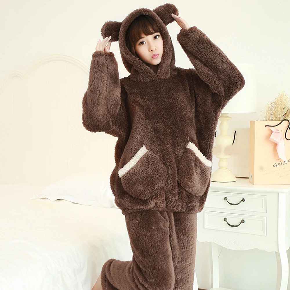 Women Winter Warm Thin Pajama Suit Length To The Shank Polyester Comfortable Cute Cartoon Animal Leisure Wear With Two Round Ear