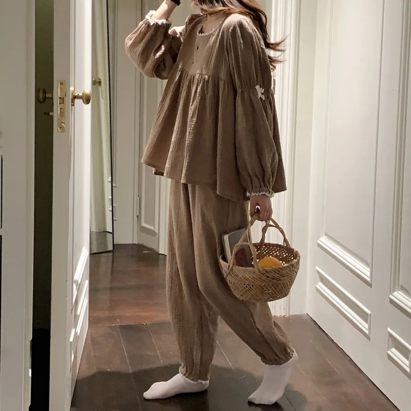Cotton Autumn Pajamas Set Women O-Neck Bow Long Sleeve Shirts + Trousers Vintage Casual Sleepwear Two Piece Home Suit