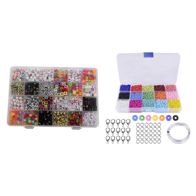 

1 Set English Letter Acrylic Beads Square Flat Alphabet Beads & 1 Set About 9000 Pcs Colorful Beads 3Mm Glass Beads