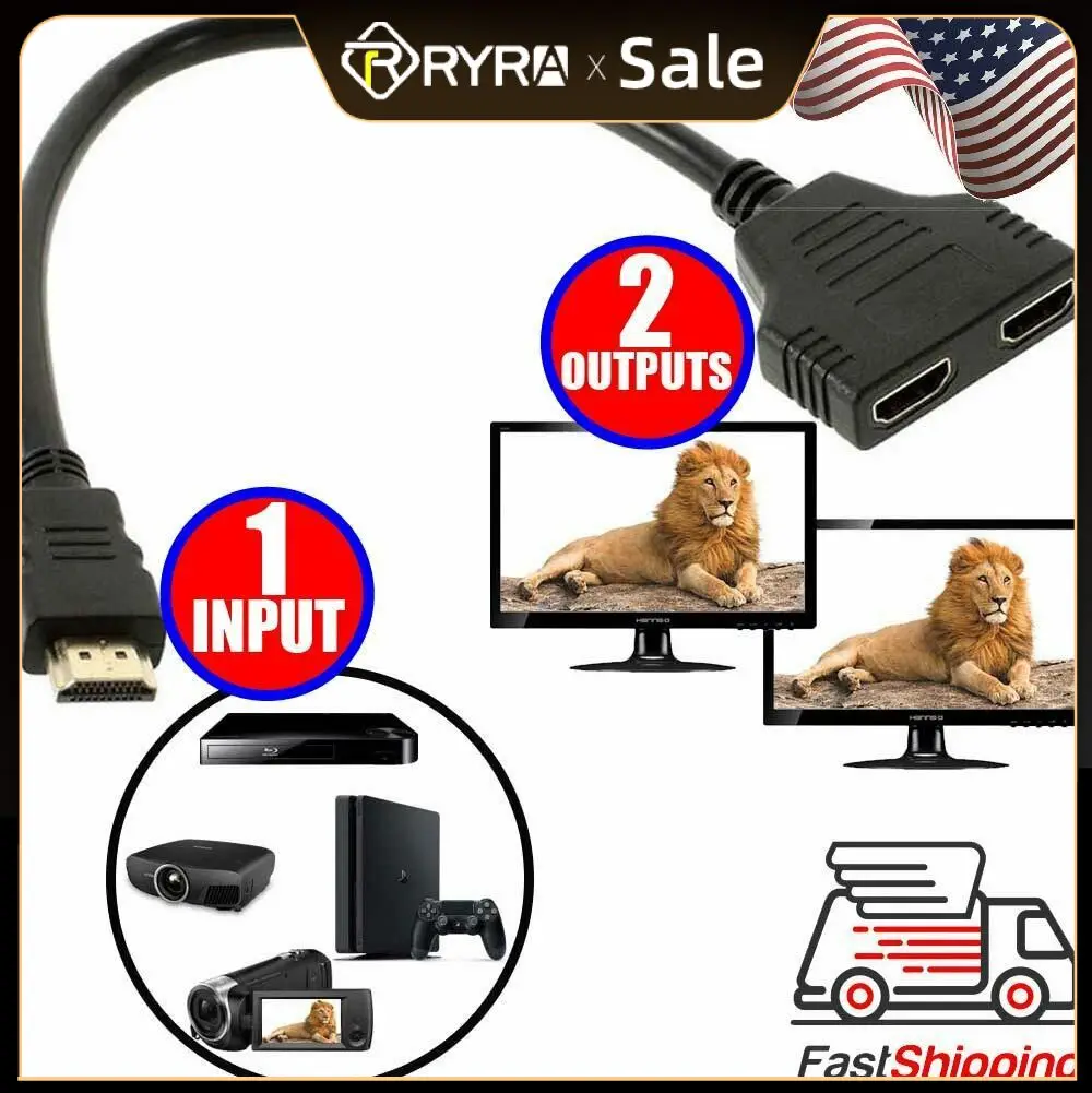 

RYRA HDMI-compatible Splitter 1 Input Male To 2 Output Female Port Cable Adapter Converter 1080P For Games,videos Multimedia