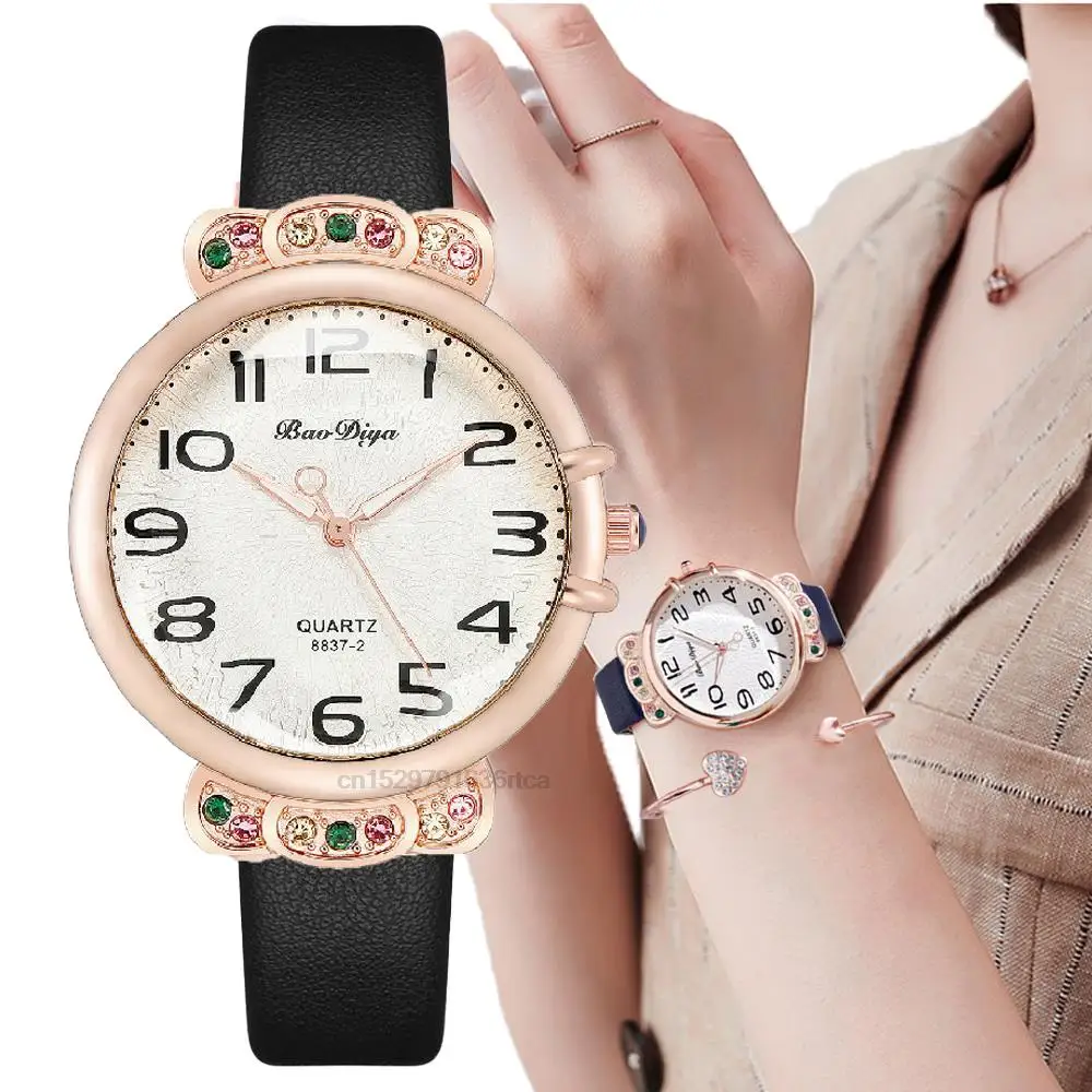 Часы наручные женские с кожаным ремешком простые брендовые ретро-часы черными