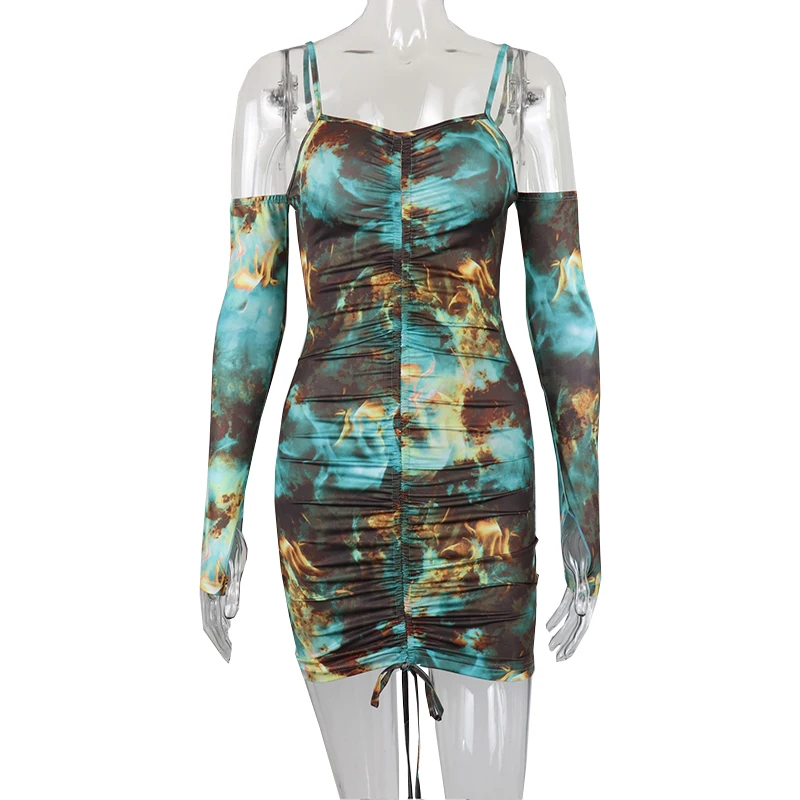 

AIIOU Black Mini Dress for Women Fashion Tie Dye Print Spaghetti Drawstring Ruched Streetwear Pleated Dresses Sundress Vestidos