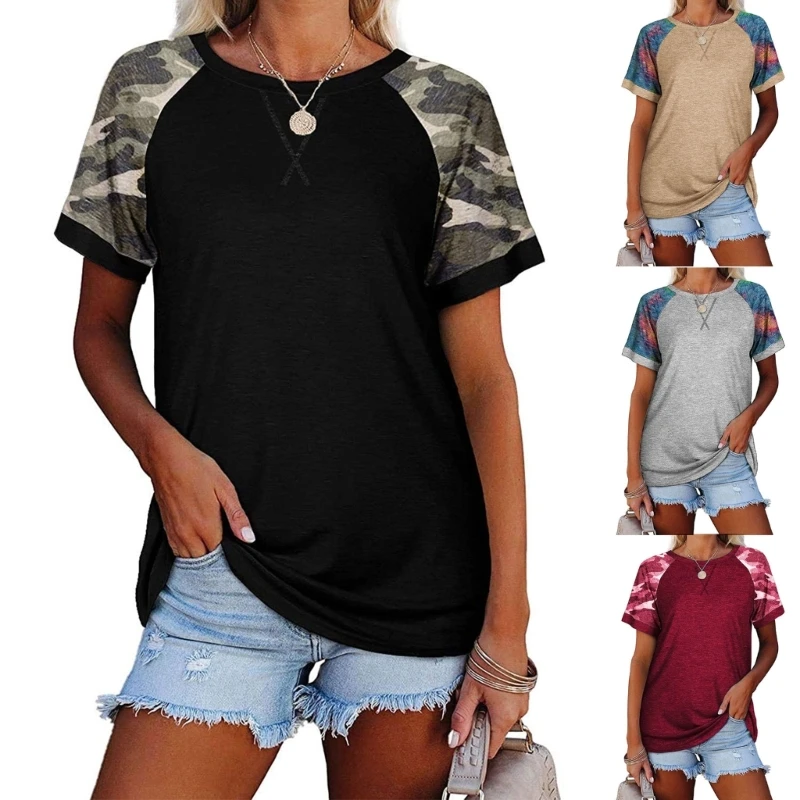 

Womens Shirts Crew Neck Short Sleeve Loose Fit Shirts Casual Color Block Tops